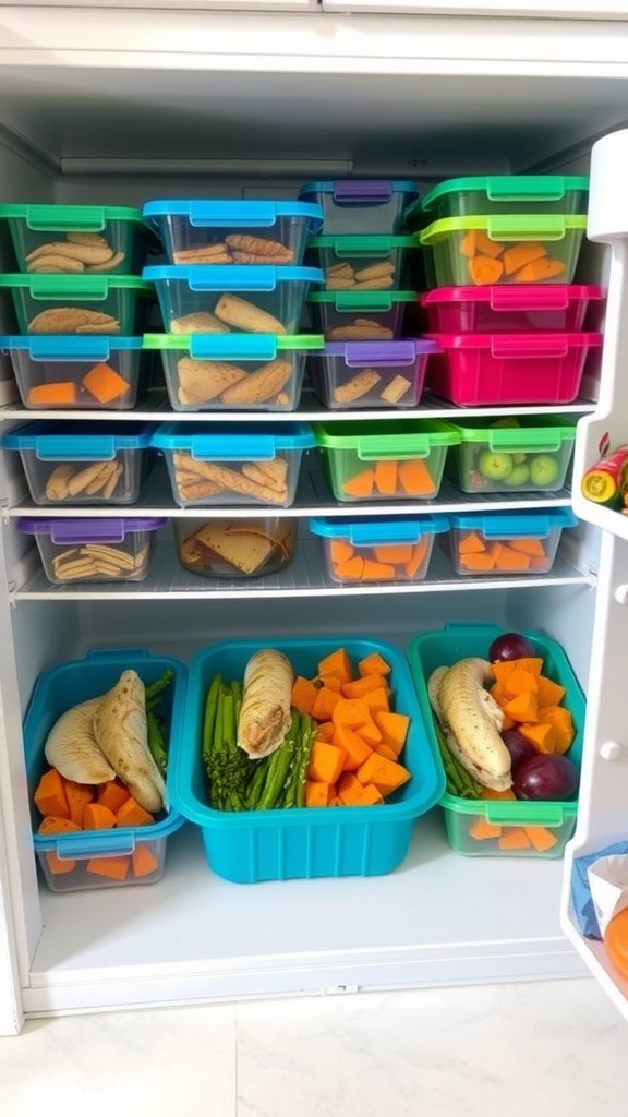 Colorful meal prep containers in a fridge with chicken, sweet potatoes, and vegetables.